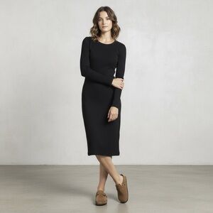 James Perse Black Ribbed Long Sleeve Midi Dress Sz 3 Minimalist Quiet Luxury
